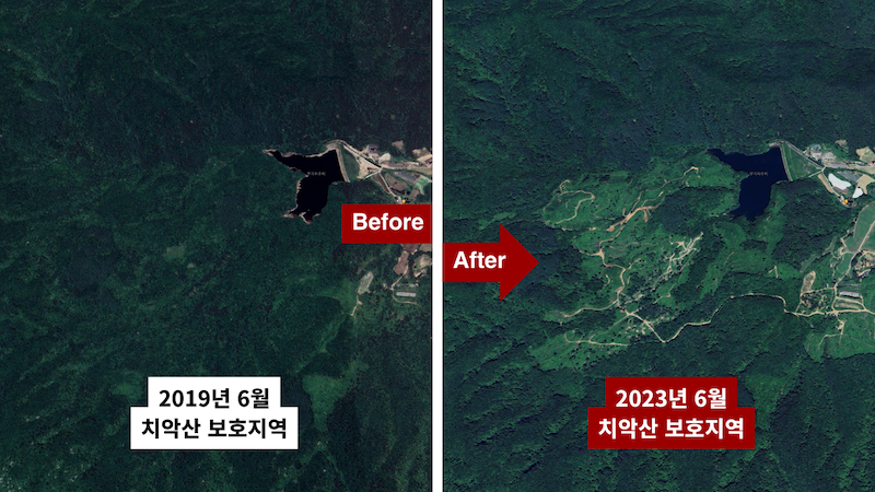 강원도 원주시 치악산의 2019년 6월(좌)과 2023년 6월(우) 인공위성 사진